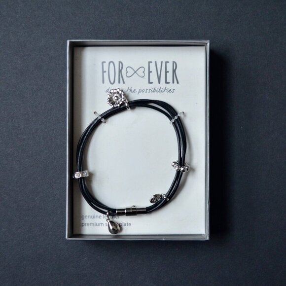 For Ever Genuine Leather Silver Plate Heart Wrap Bracelet New - Picture 2 of 4